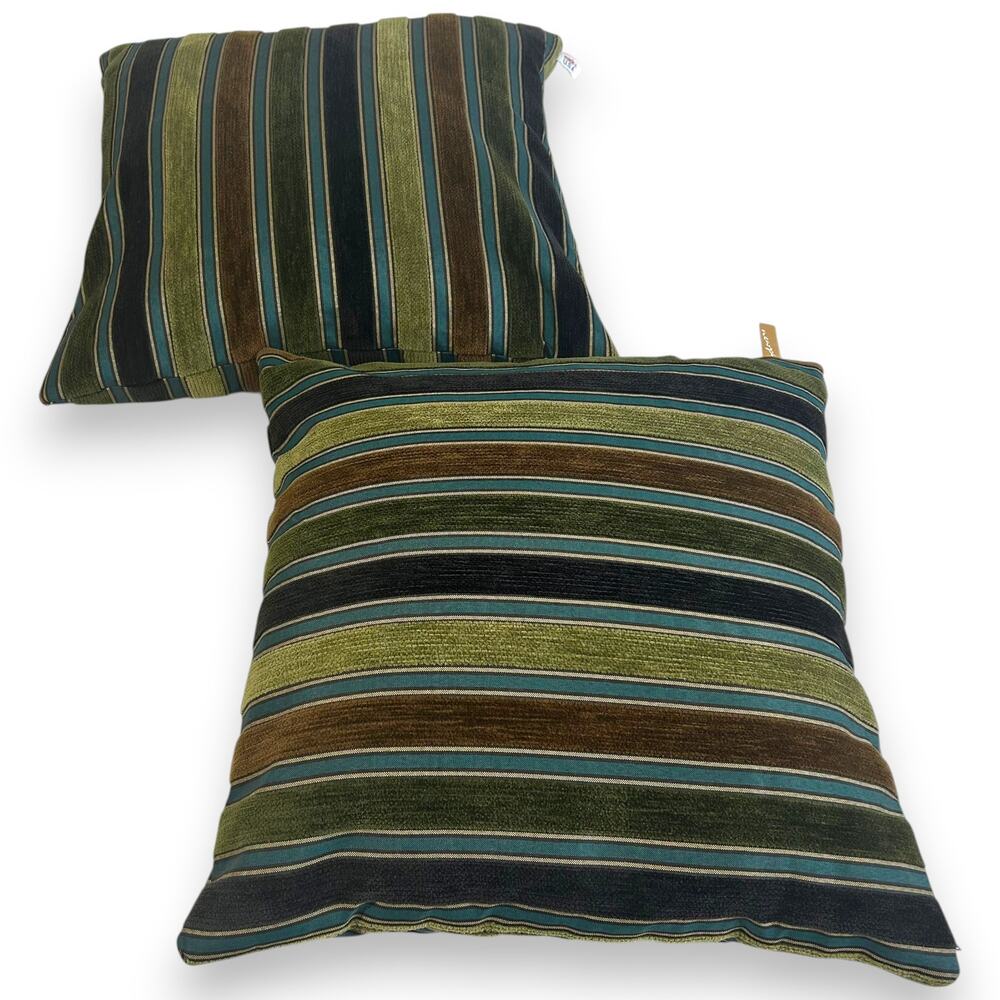 Newport Throw Pillows (2) 20 x 20 Duck Feather Stuffing Brown Olive Teal